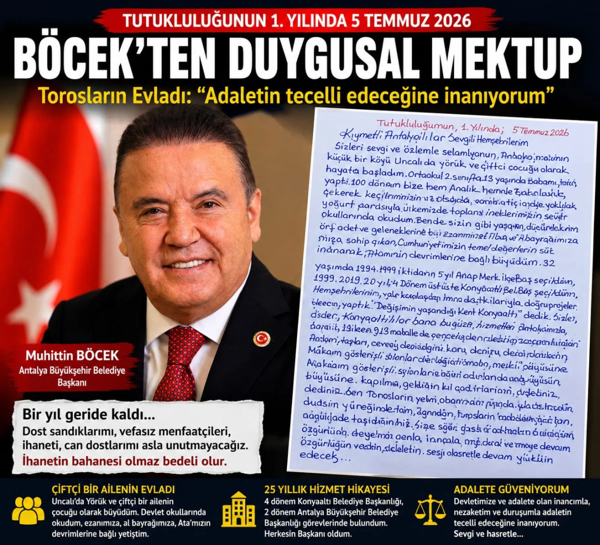 "Tutukluluğumun 1. Yılında..." Torosların Evladı'ndan Duygusal Mektup